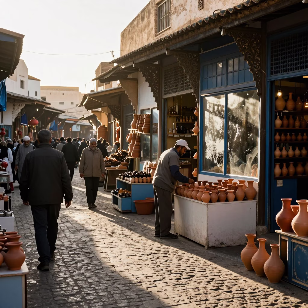 Busy Essaouira Souk Morning with Grease Sheen on Window Glass and Egg Cup Detail in in Essaouira, Morocco