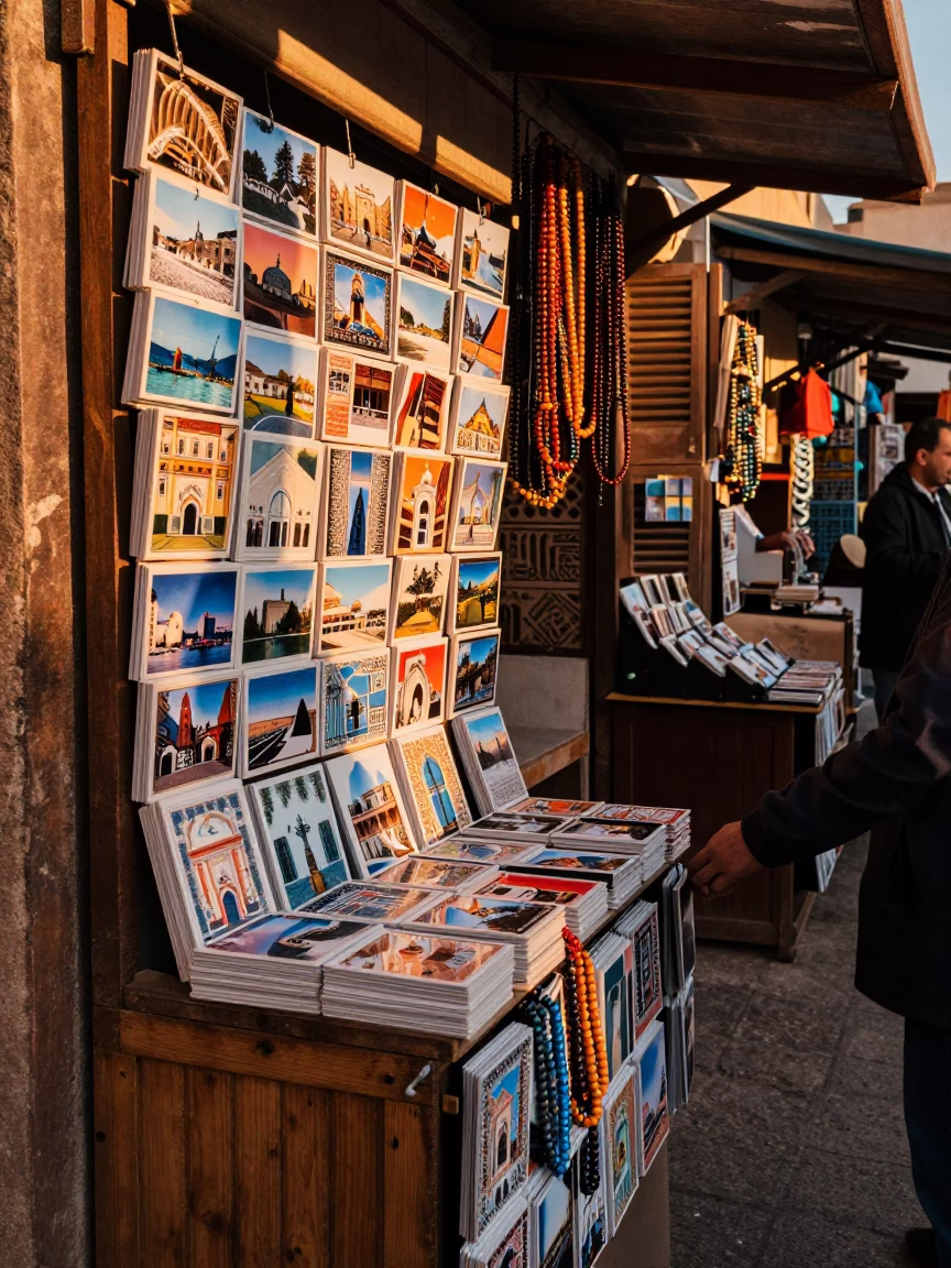 Busy Essaouira Souk Stall at Golden Hour with Postcards and Prayer Beads in in Essaouira, Morocco