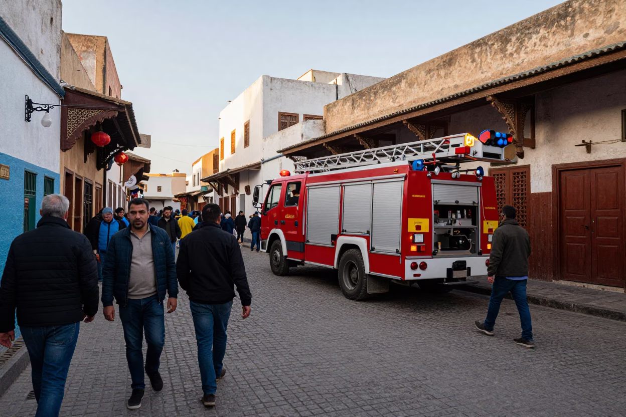 Busy Essaouira Souk Street Scene Early Afternoon with Fire Engine and Traditional Market Activity in in Essaouira, Morocco