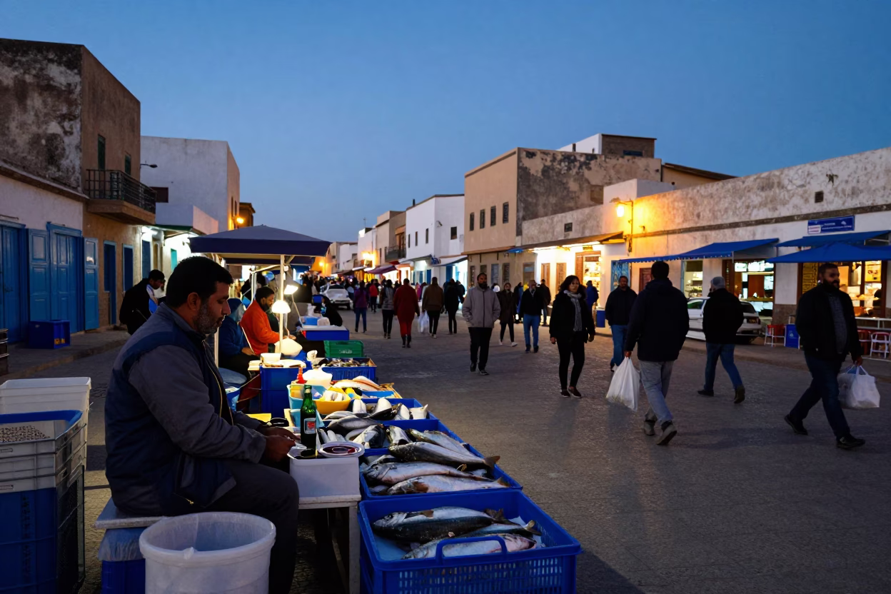 Busy Essaouira Street Scene at Dusk with Local Fishmonger and Colorful Textiles in in Essaouira, Morocco