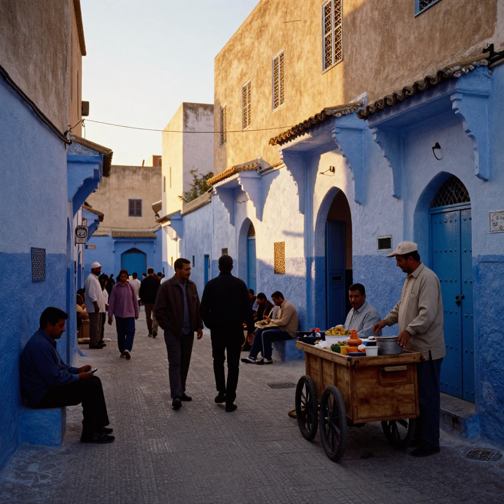 Busy Essaouira Street Scene at Sunset with Traditional Moroccan Food and Local Life in in Essaouira, Morocco