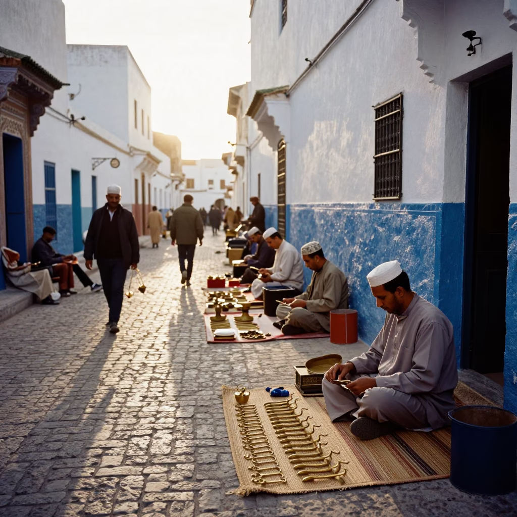 Busy Essaouira Street Scene Early Afternoon with Local Artisans and Traditional Crafts in in Essaouira, Morocco