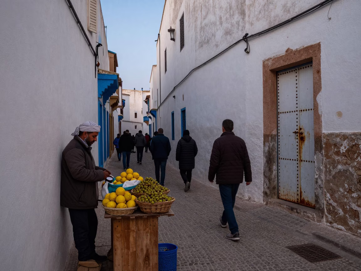 Busy Essaouira Street Scene Early Evening with Lived In Details in in Essaouira, Morocco