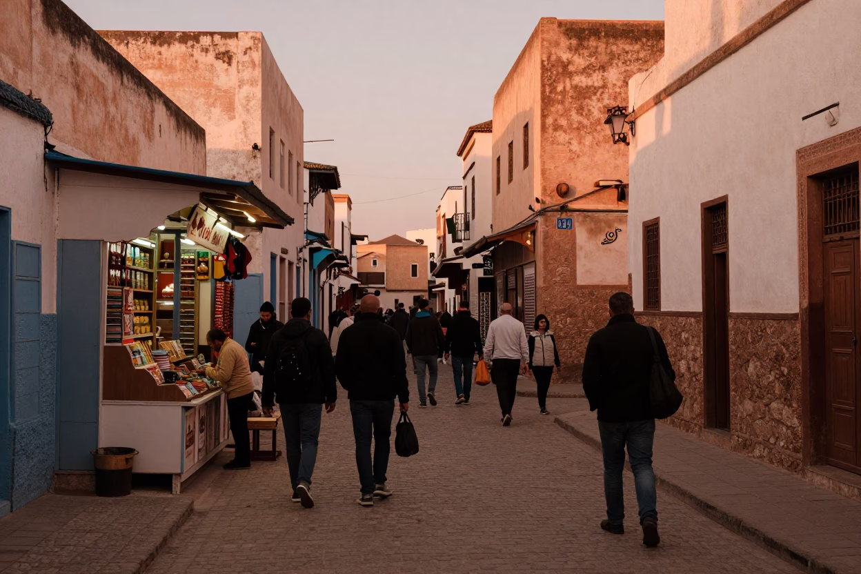 Busy Essaouira Street Scene in Copper Light with Local Market Activity in in Essaouira, Morocco
