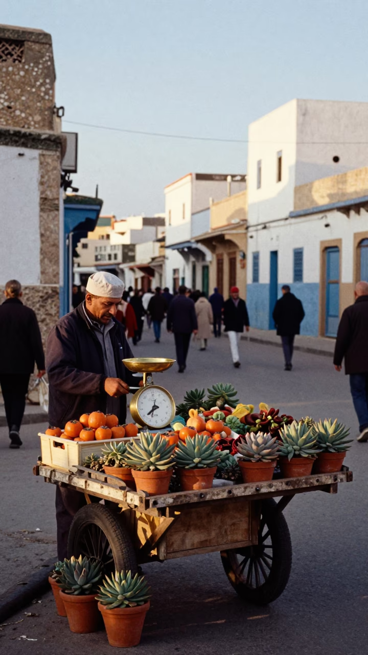 Busy Essaouira Street Scene Late Afternoon with Potted Succulents and Local Market Activity in in Essaouira, Morocco
