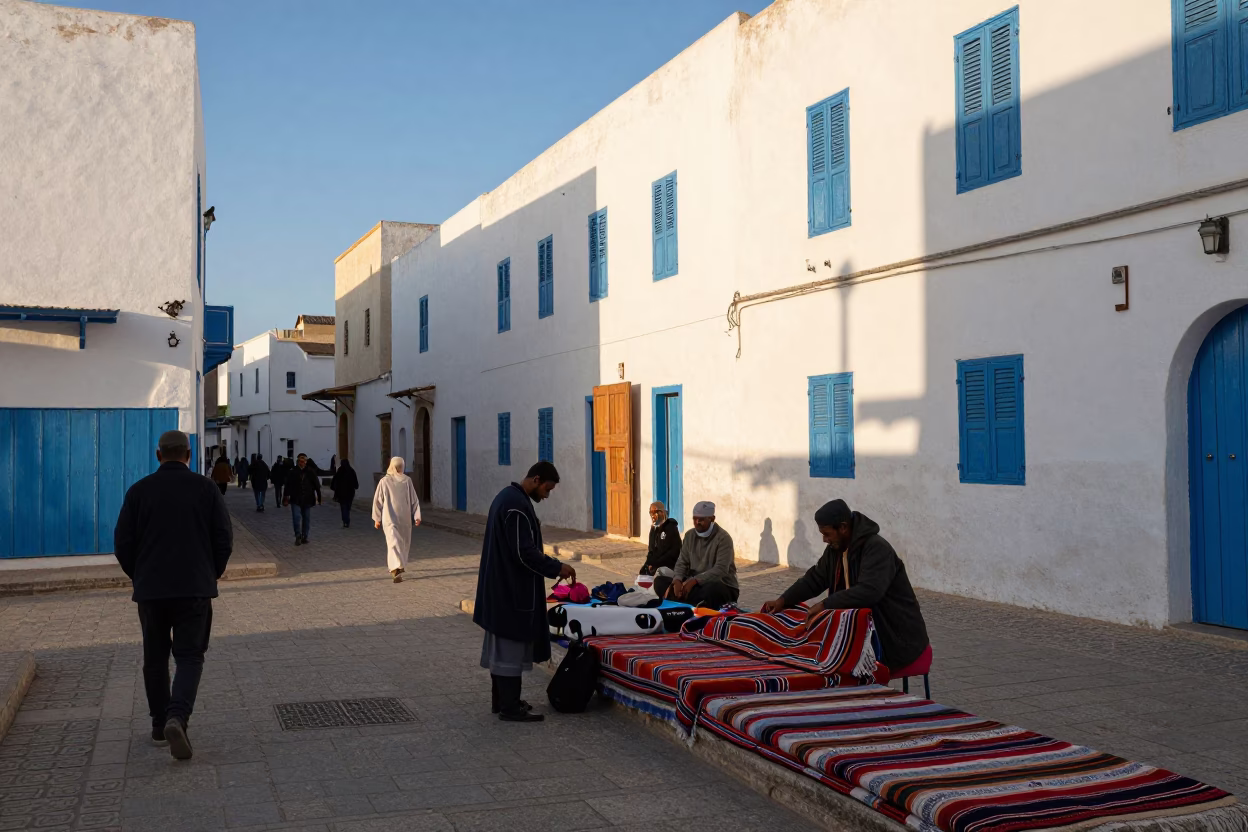 Busy Essaouira Street Scene with Blankets and Local Interaction in Late Afternoon Light in in Essaouira, Morocco