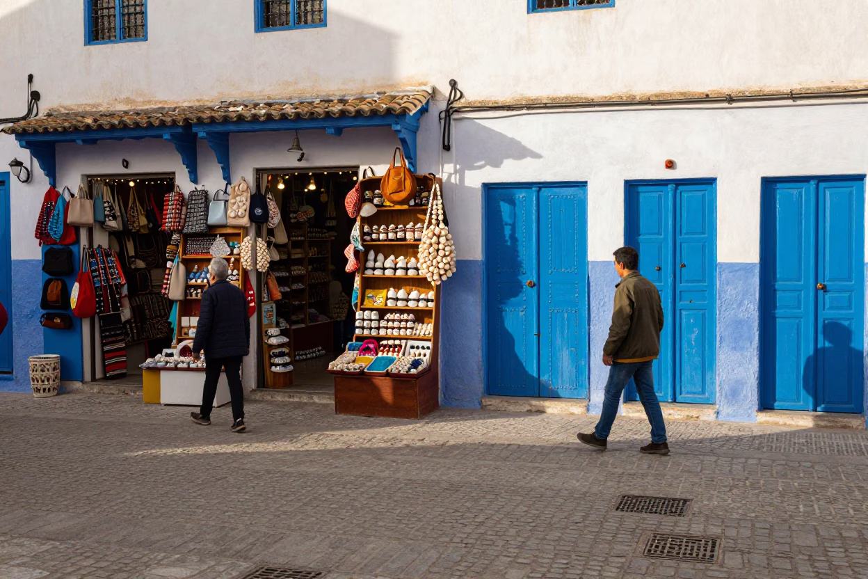 Busy Essaouira Street Scene with Blue Doors and Seashells in Early Afternoon in in Essaouira, Morocco