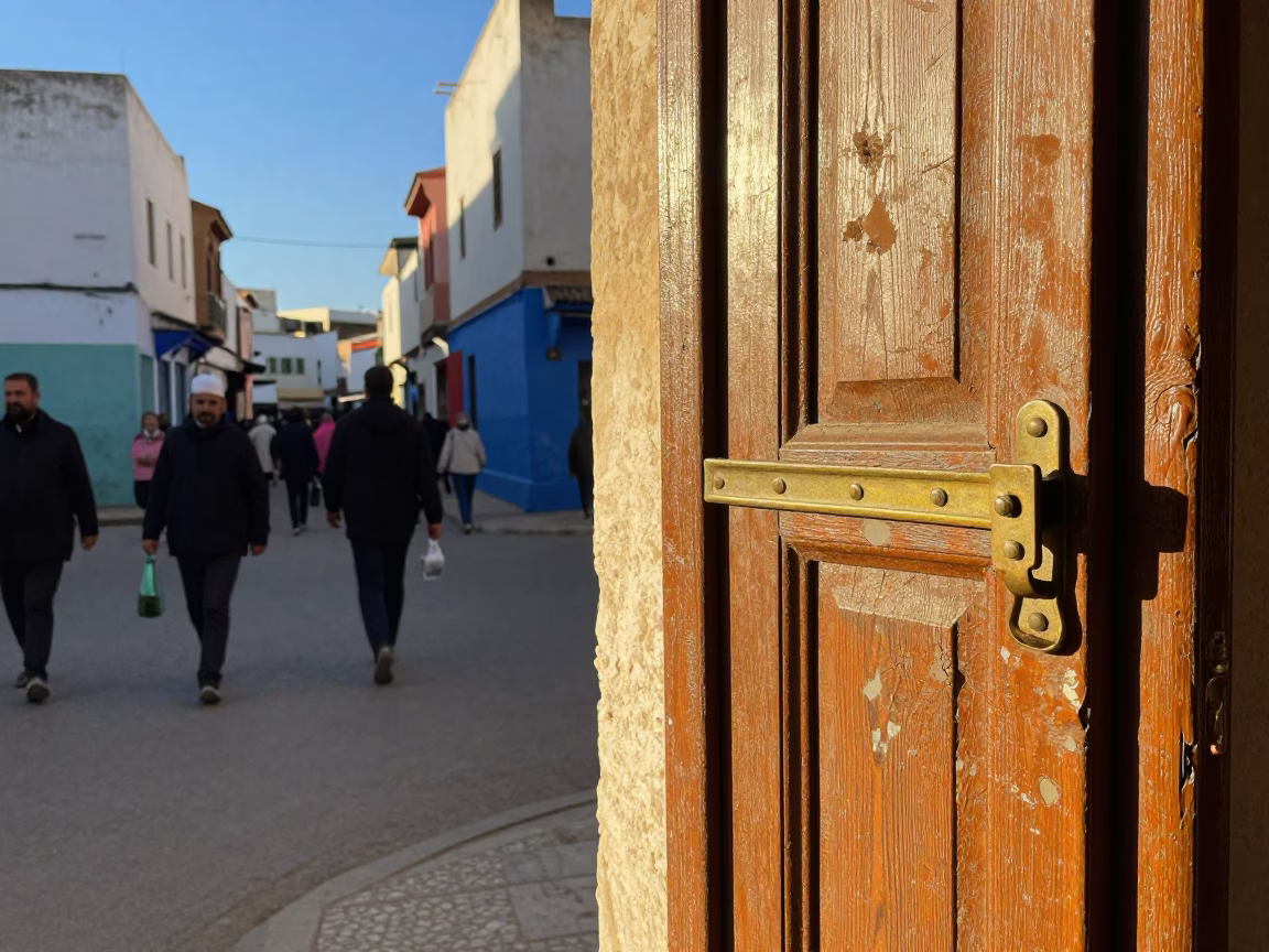 Busy Essaouira Street Scene with Door Latch and Dust in Late Afternoon Light in in Essaouira, Morocco