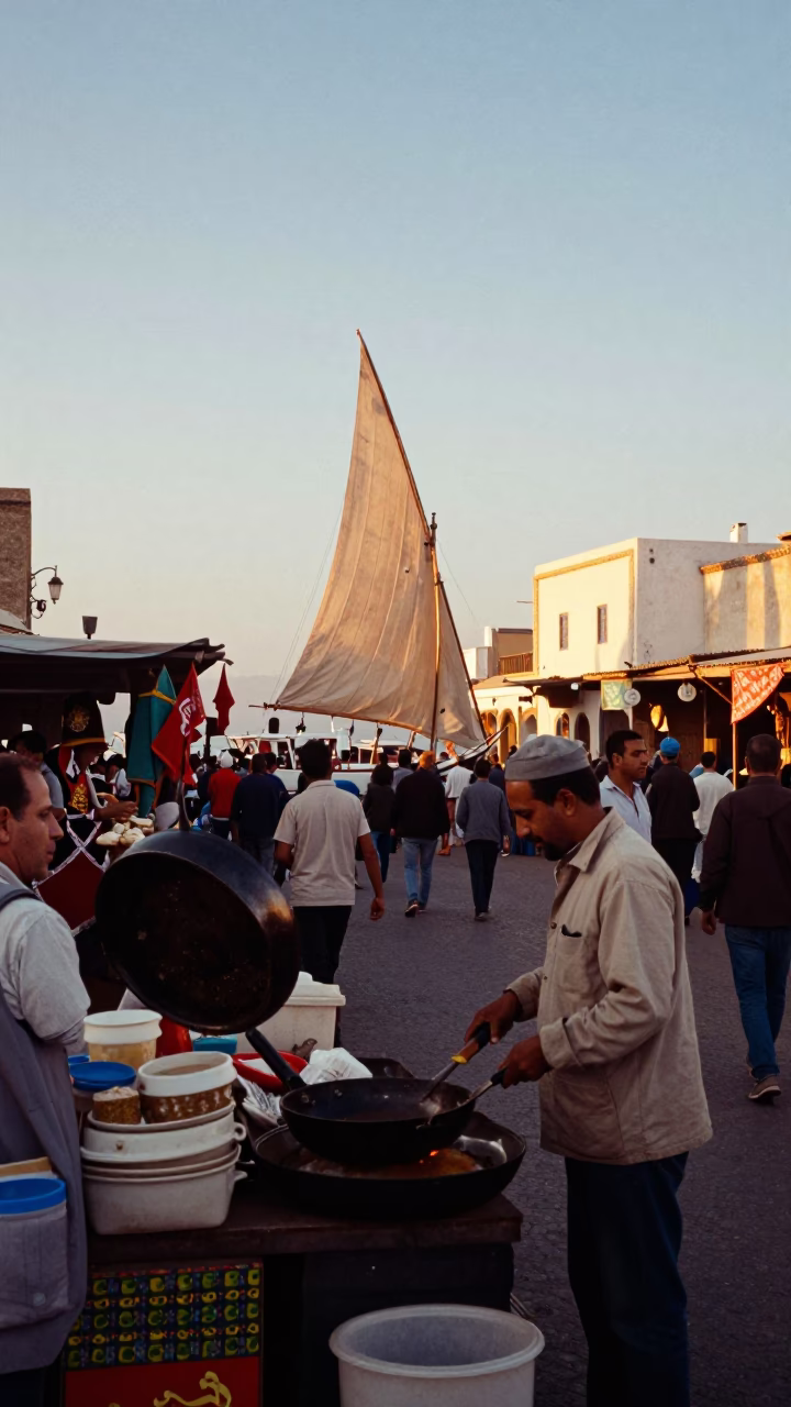 Busy Essaouira Street Scene with Skillet and Sailing Yacht at Golden Hour in in Essaouira, Morocco