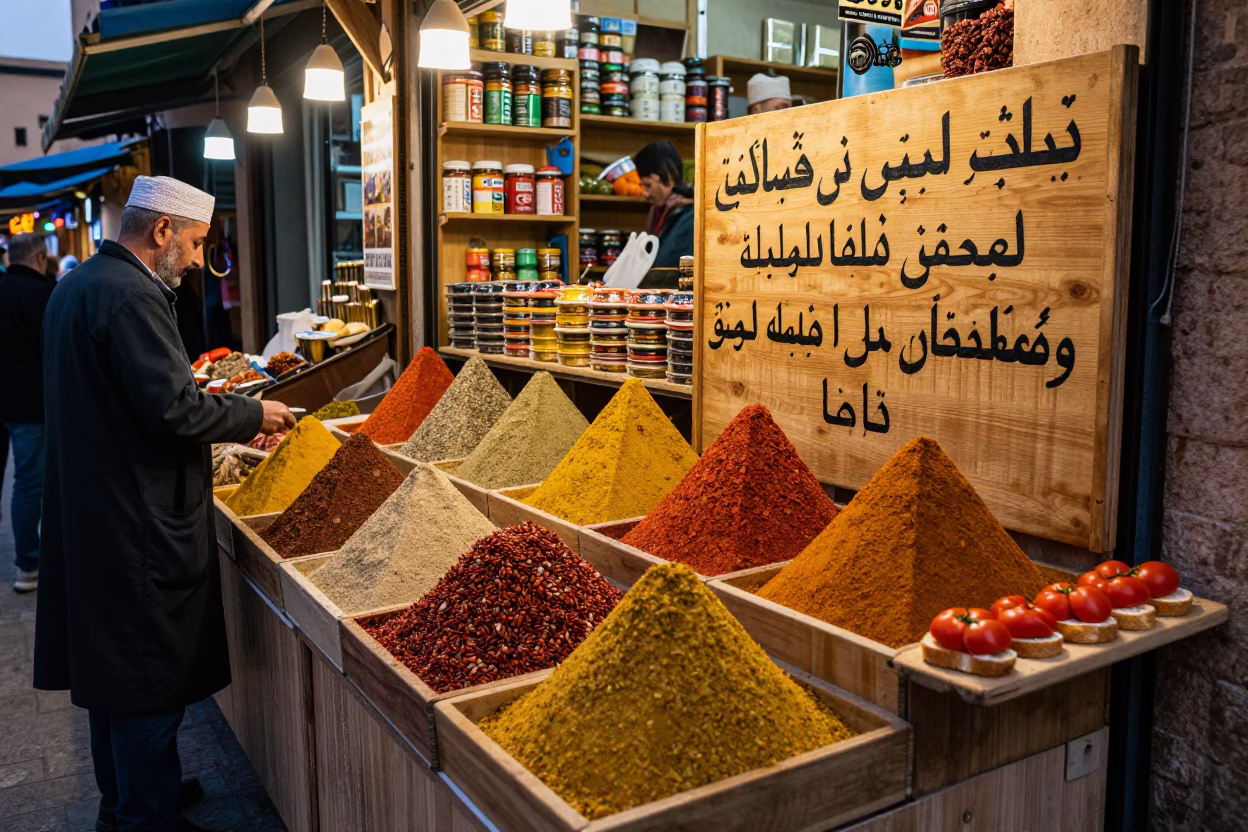 Busy Evening Spice Market Stall in Fez Morocco with Wooden Board and Cinnamon Rolls in in Fez, Morocco