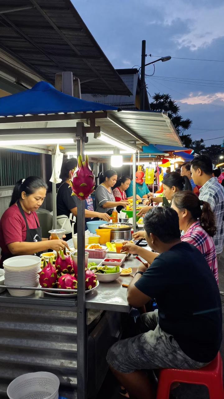 Busy Evening Street Food Stall in Denpasar Indonesia with Dragon Fruit and Cooking Pot in in Denpasar, Indonesia