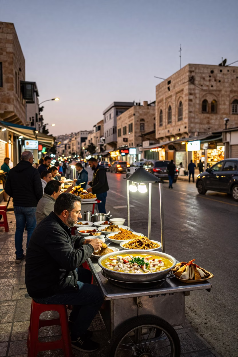 Busy Evening Street Scene in Amman Jordan with Local Food and Traffic in in Amman, Jordan