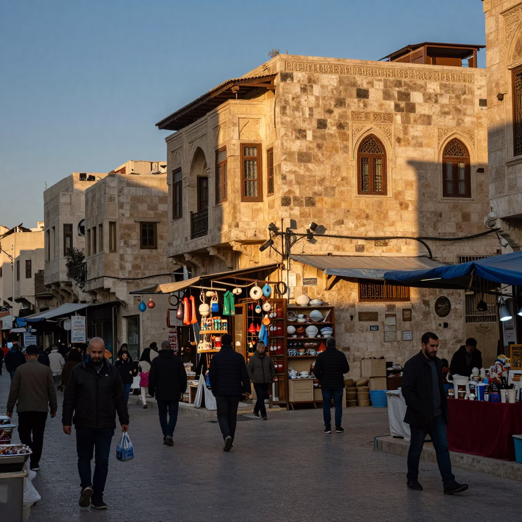 Busy Evening Street Scene in Amman Jordan with Local Market Activity and Traditional Architecture in in Amman, Jordan