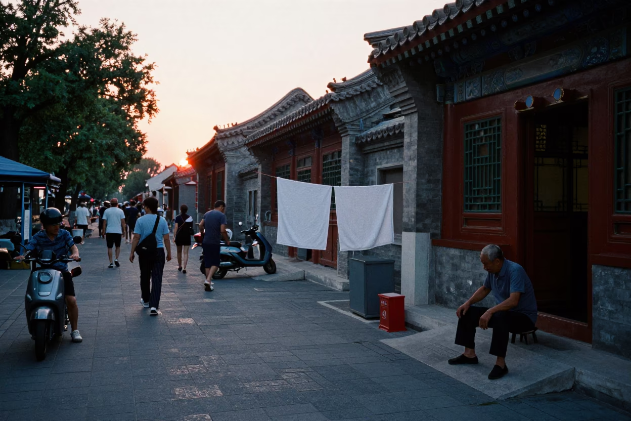 Busy Evening Street Scene in Beijing with Drying Towels and Violin Case in in Beijing, China