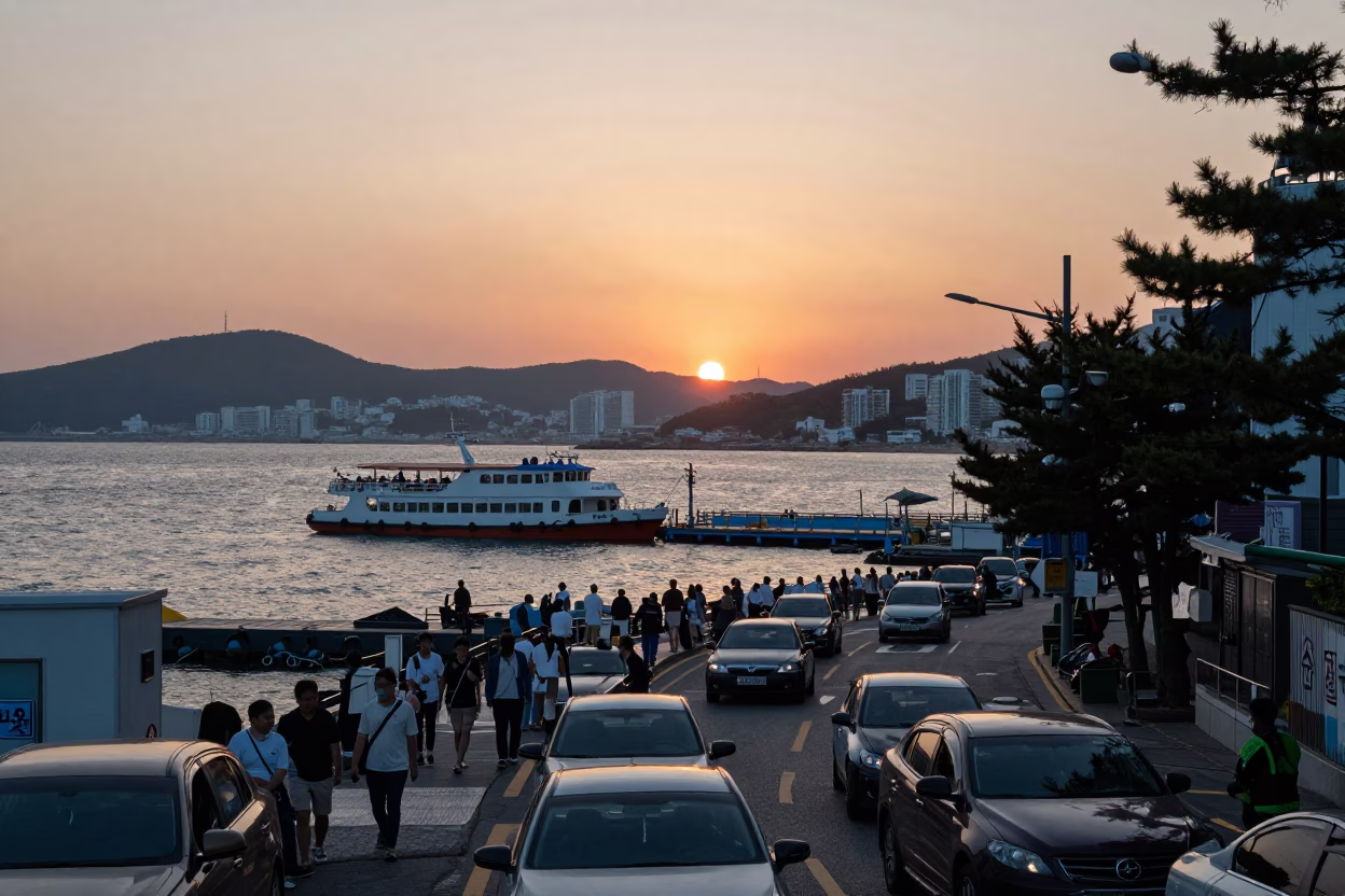 Busy Evening Street Scene in Busan South Korea with Water Taxi and Neon Lights in in Busan, South Korea