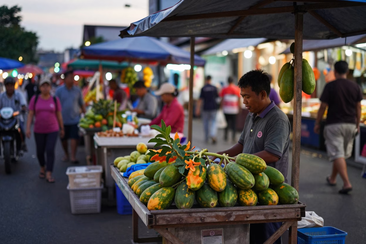 Busy Evening Street Scene in Denpasar Indonesia with Local Vendors and Papaya Tree in in Denpasar, Indonesia