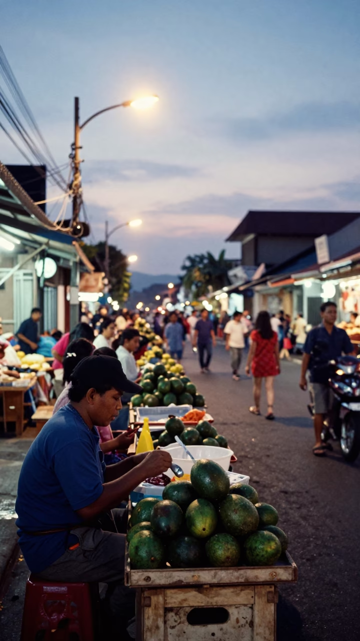 Busy Evening Street Scene in Denpasar Indonesia with Tea Infuser Spoon and Avocados in in Denpasar, Indonesia
