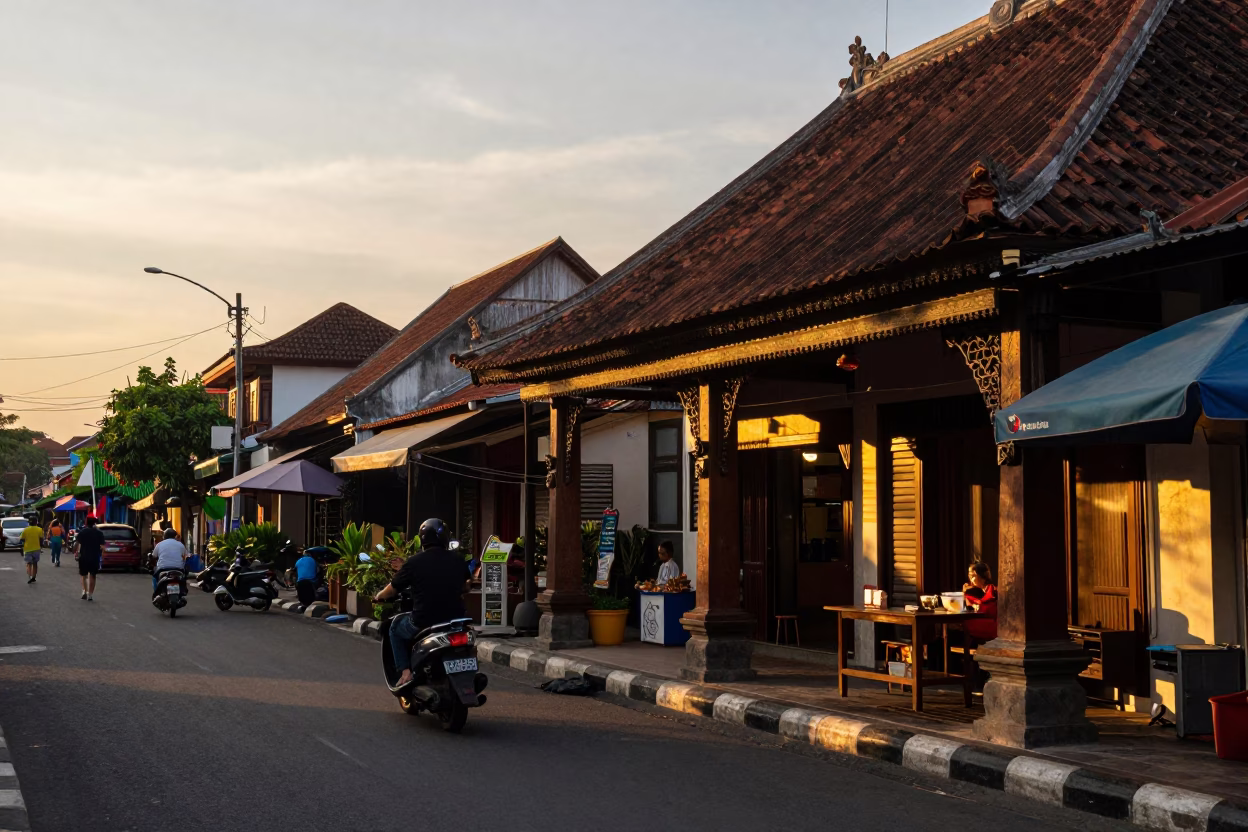 Busy Evening Street Scene in Denpasar Indonesia with Traditional Shopfronts and Pedestrians in in Denpasar, Indonesia