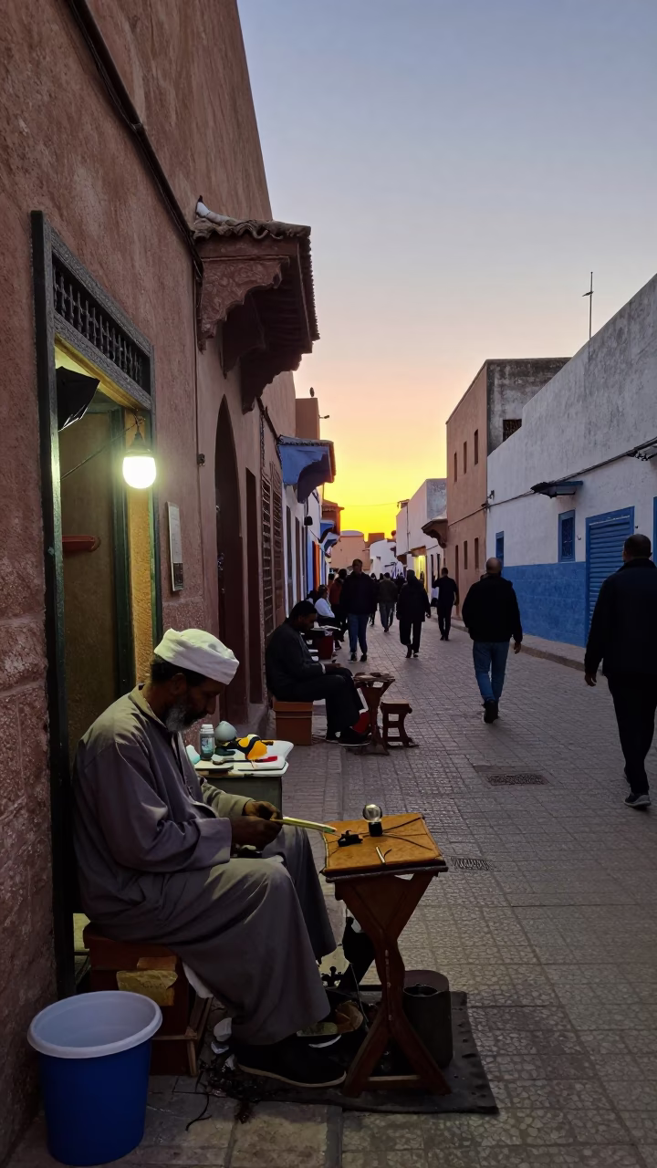 Busy Evening Street Scene in Essaouira Morocco with Cobbler and Local Life in in Essaouira, Morocco