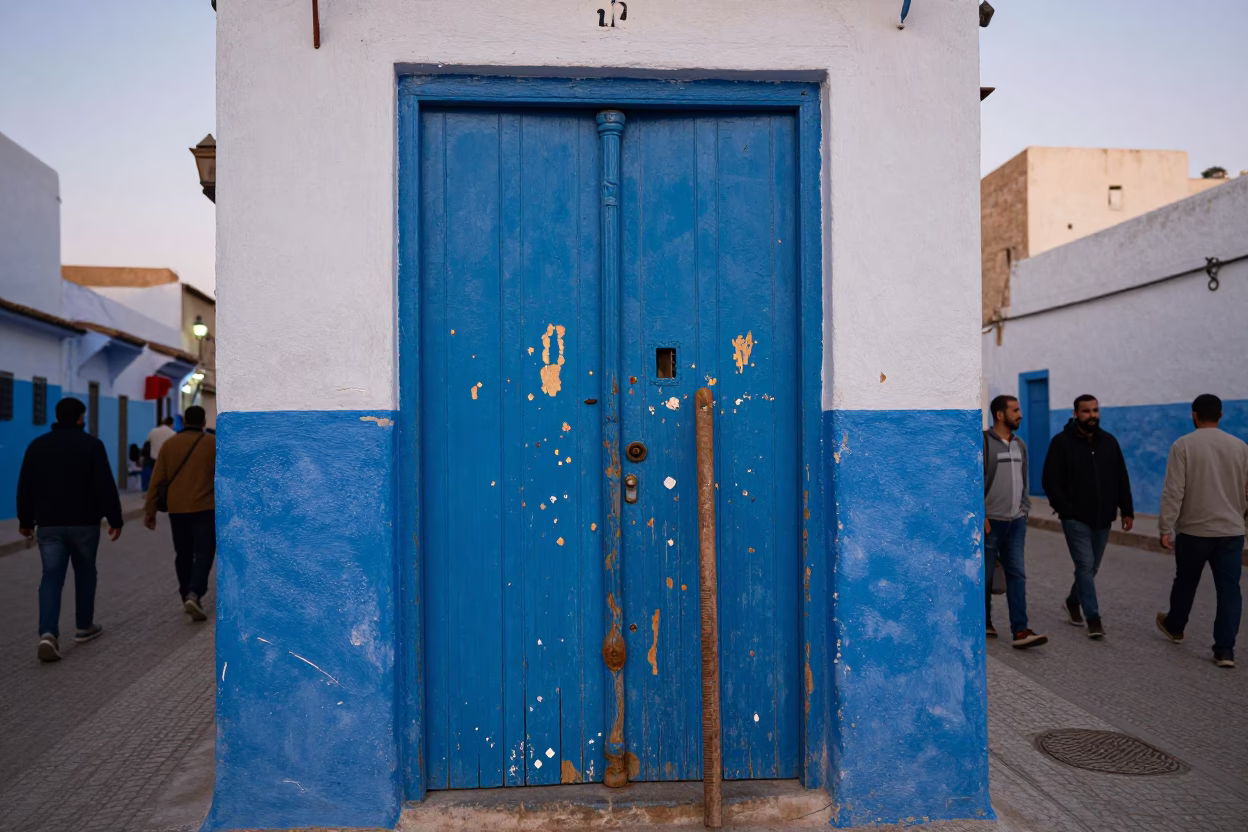 Busy Evening Street Scene in Essaouira Morocco with Latch and Paint Flecks in in Essaouira, Morocco
