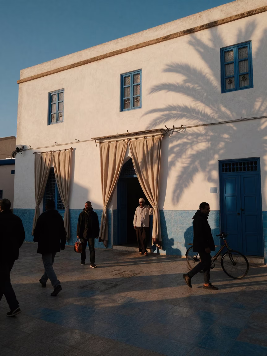 Busy Evening Street Scene in Essaouira Morocco with Linen Curtains and Leaf Shadows in in Essaouira, Morocco
