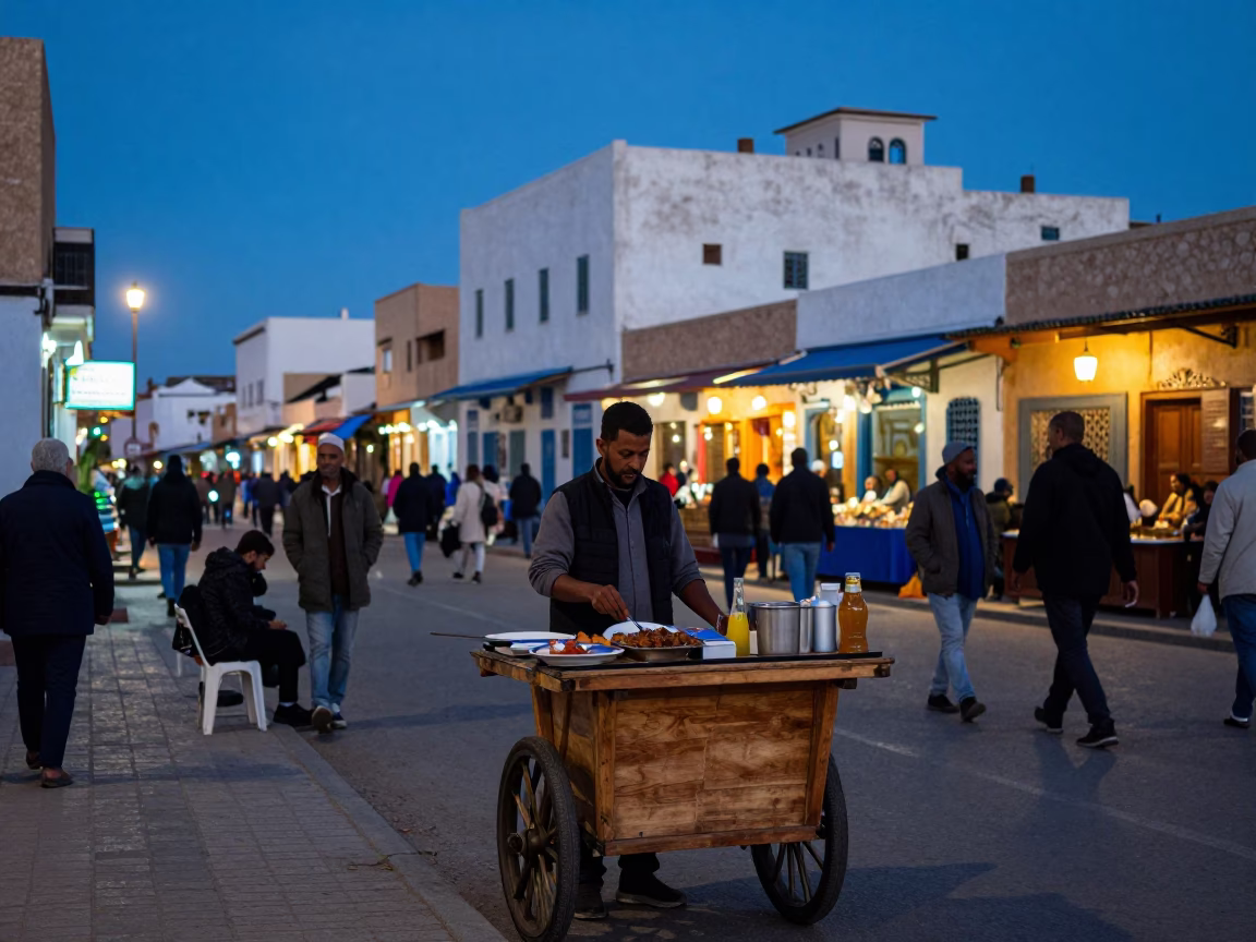 Busy Evening Street Scene in Essaouira Morocco with Local Dining and Coastal Atmosphere in in Essaouira, Morocco