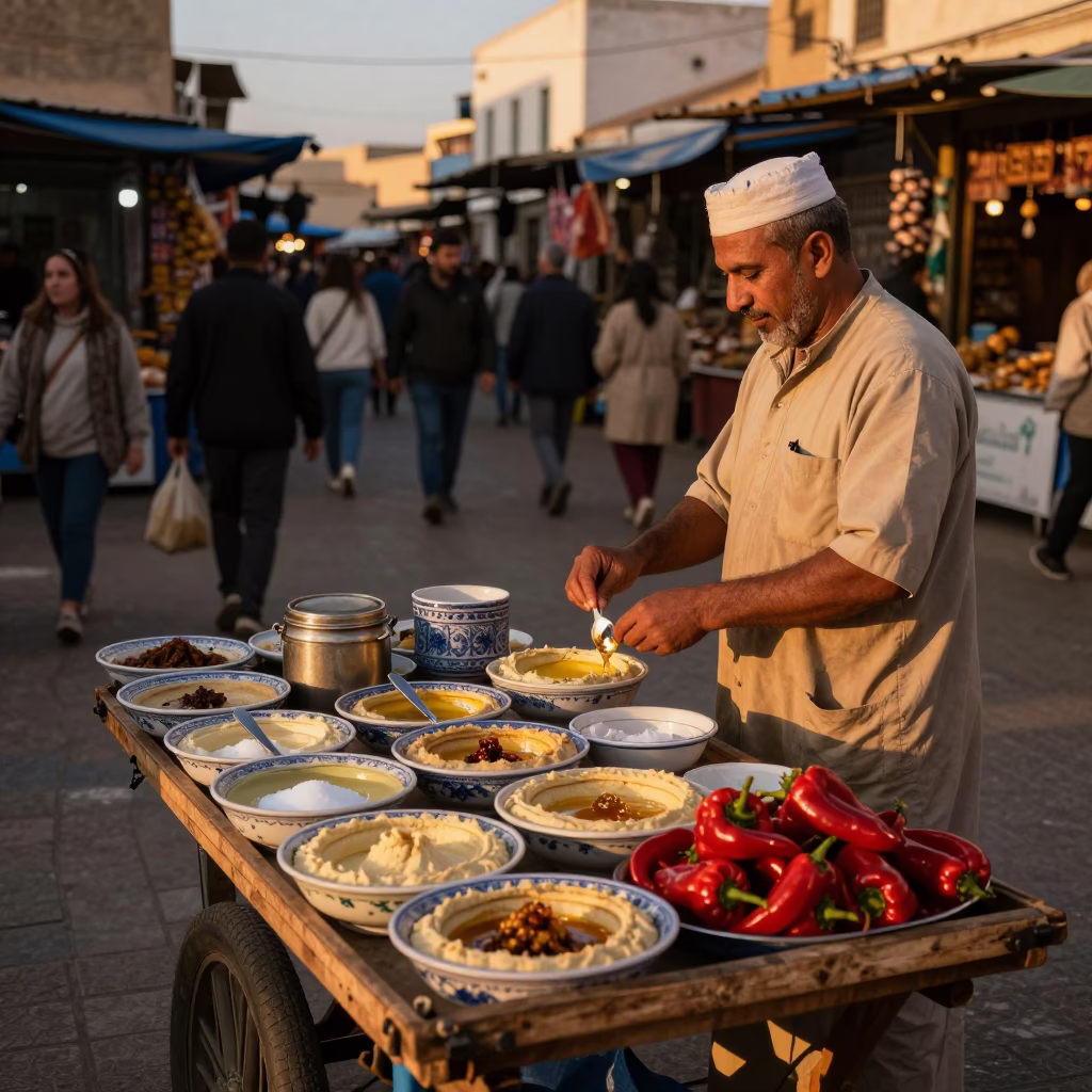 Busy Evening Street Scene in Essaouira Morocco with Local Market Activity in in Essaouira, Morocco