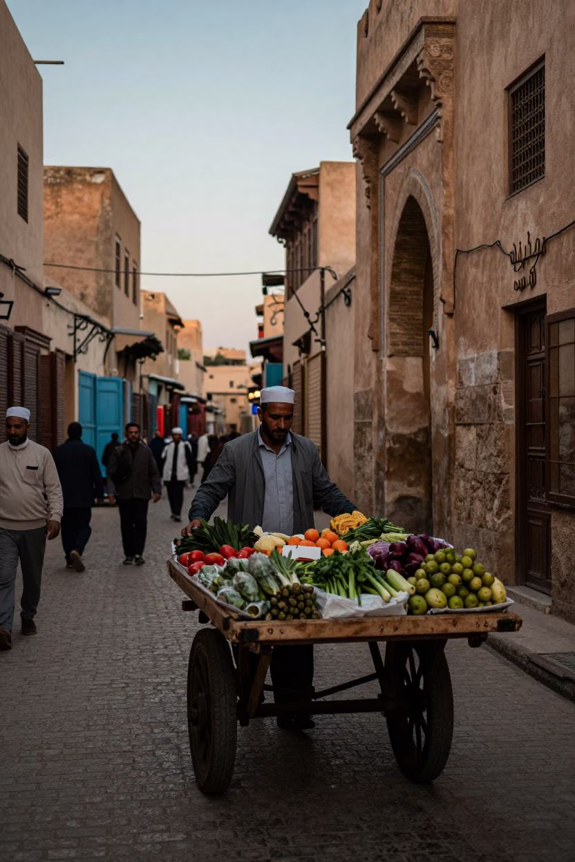 Busy Evening Street Scene in Fez Morocco with Rolling Carts and Traditional Architecture in in Fez, Morocco