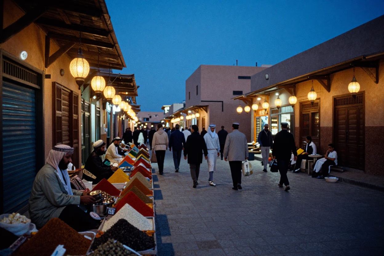 Busy Evening Street Scene in Fez Morocco with Traditional Lanterns and Local Commerce in in Fez, Morocco