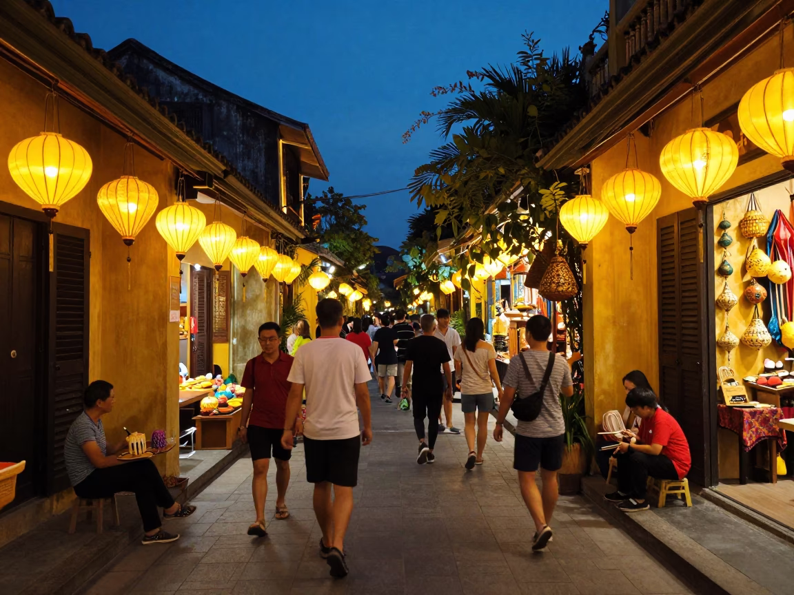 Busy Evening Street Scene in Hoi An Vietnam with Glowing Lanterns and Traditional Architecture in in Hoi An, Vietnam