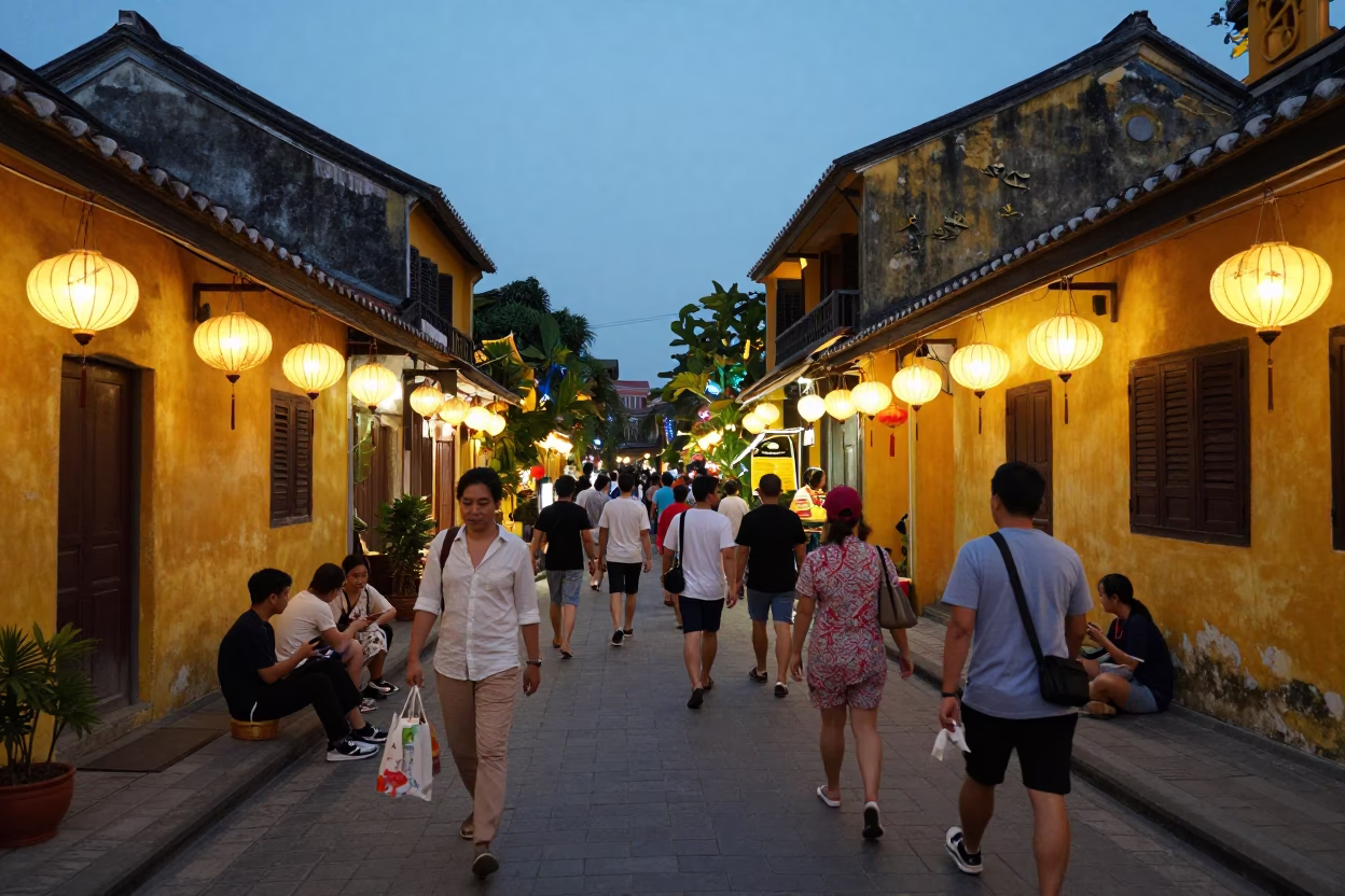 Busy Evening Street Scene in Hoi An Vietnam with Lanterns and Local Activity in in Hoi An, Vietnam