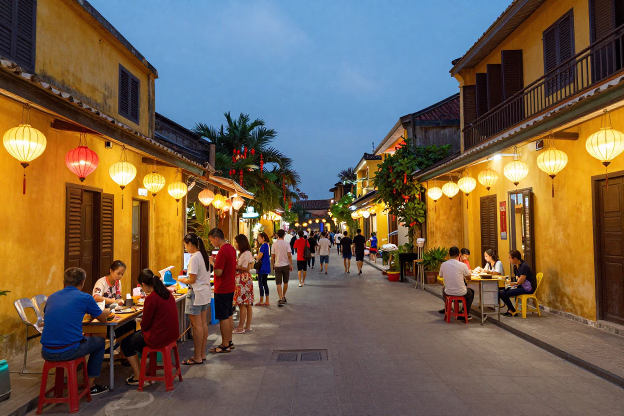 Busy Evening Street Scene in Hoi An Vietnam with Lanterns and Local Life in in Hoi An, Vietnam