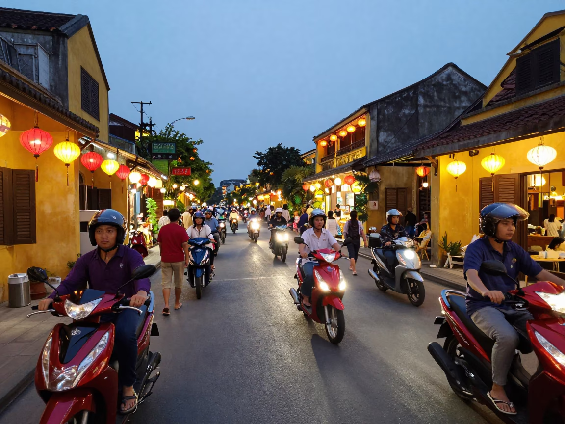 Busy Evening Street Scene in Hoi An Vietnam with Lanterns and Traffic in in Hoi An, Vietnam