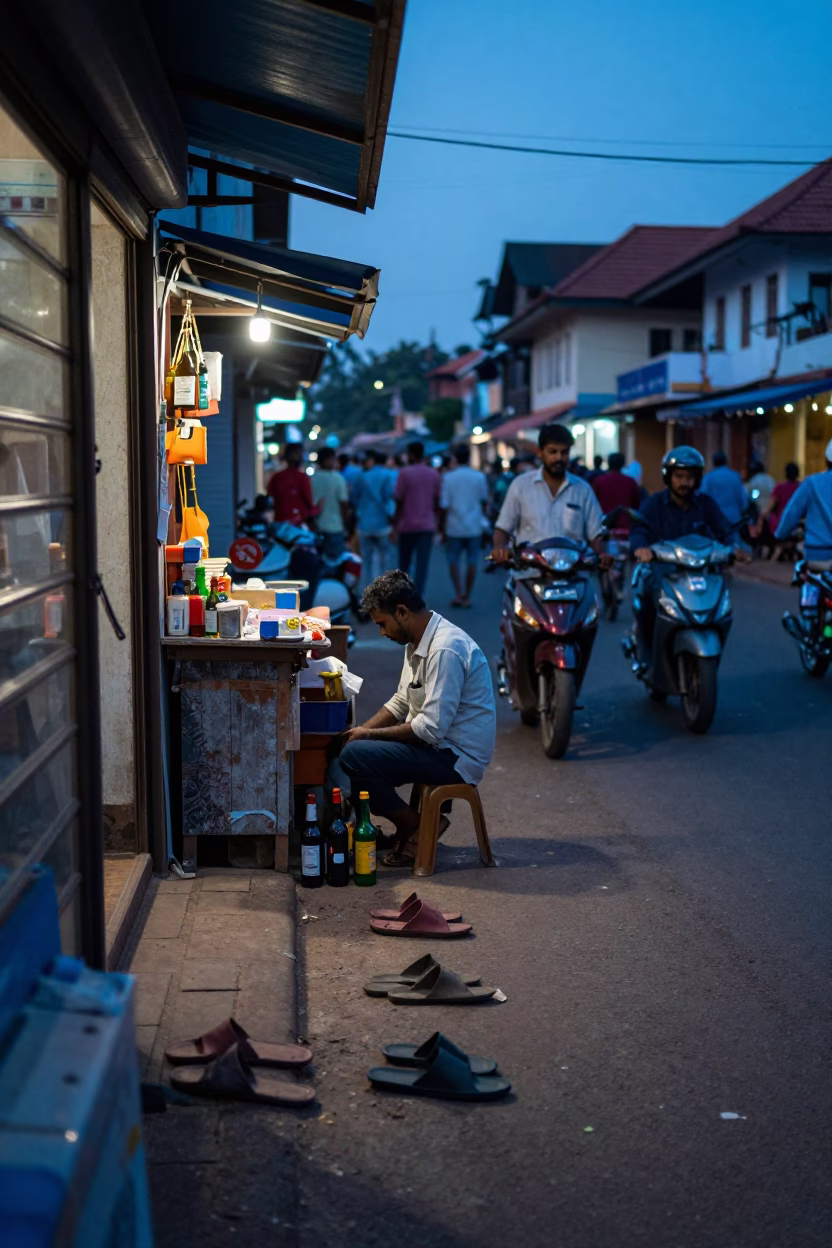 Busy Evening Street Scene in Kochi India with Slippers and Bottles in in Kochi, India