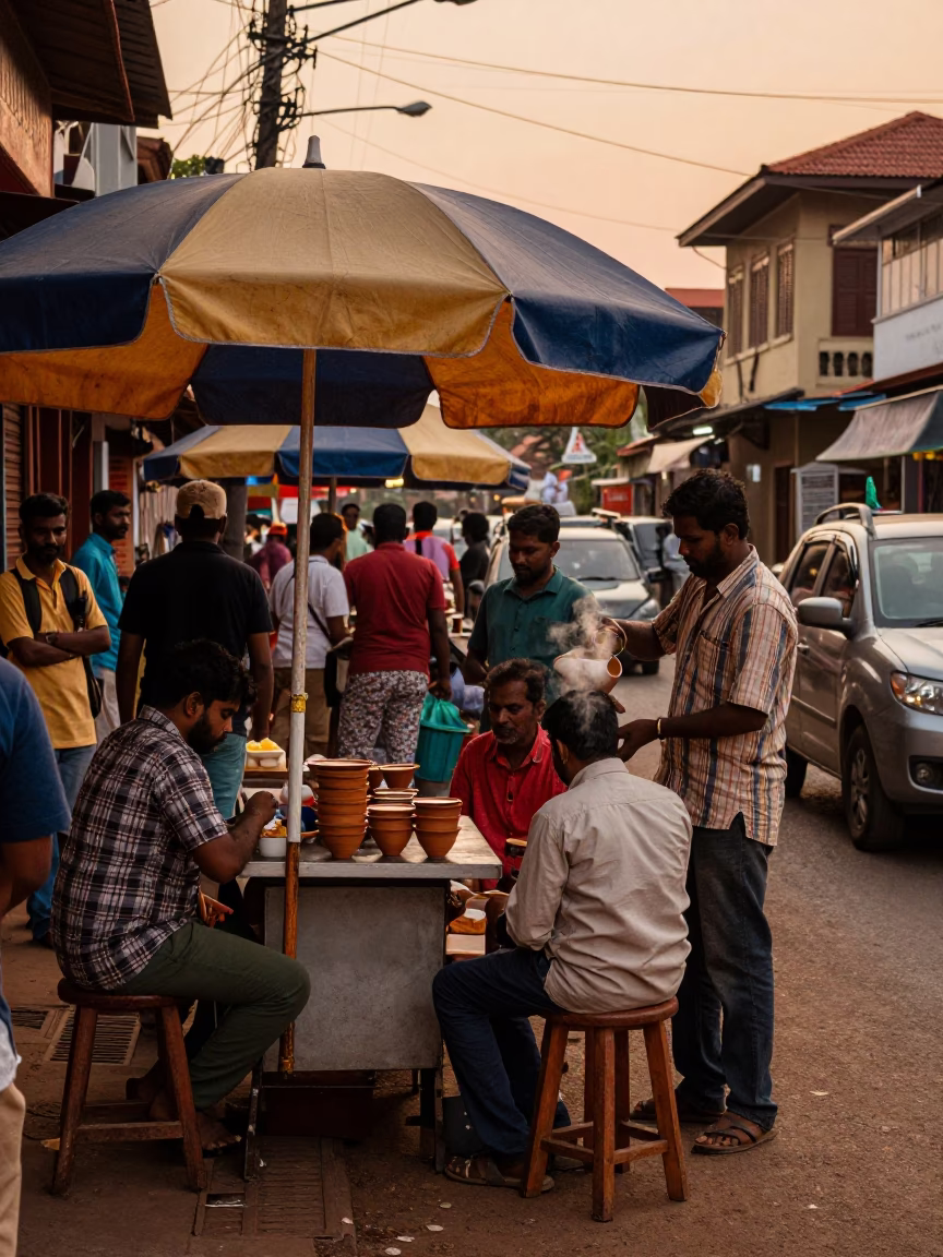 Busy Evening Street Scene in Kochi India with Umbrella Stand and Local Activity in in Kochi, India