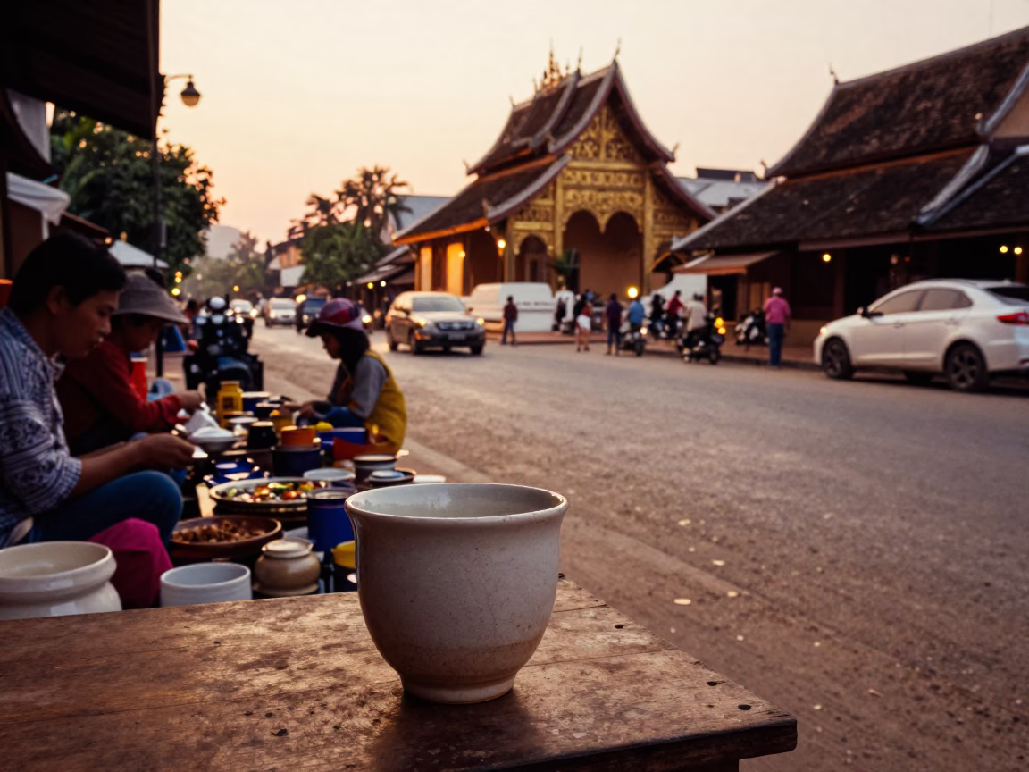 Busy evening street scene in Luang Prabang Laos with ceramic cup and river foam in in Luang Prabang, Laos