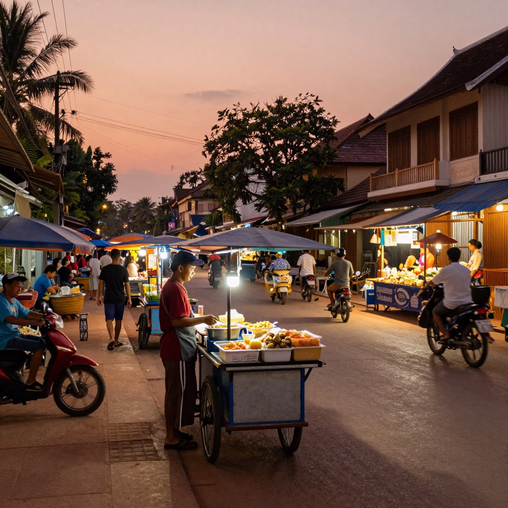 Busy Evening Street Scene in Luang Prabang Laos with Food Vendors and Traditional Architecture in in Luang Prabang, Laos