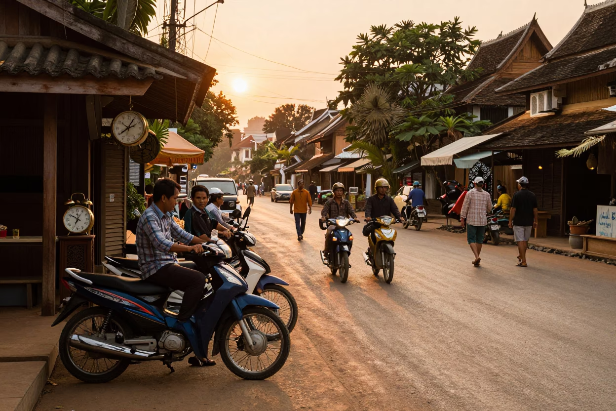 Busy Evening Street Scene in Luang Prabang Laos with Golden Hour Light in in Luang Prabang, Laos