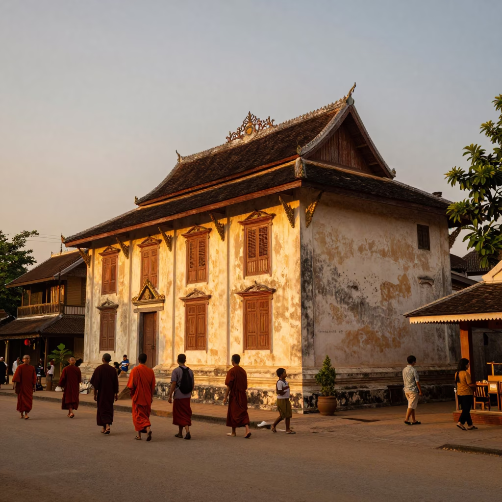 Busy Evening Street Scene in Luang Prabang Laos with Monks and Local Market Activity in in Luang Prabang, Laos