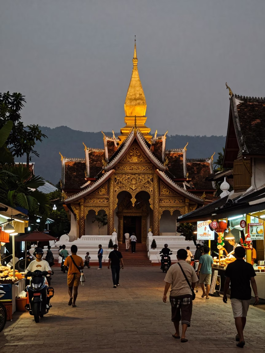 Busy Evening Street Scene in Luang Prabang Laos with Traditional Architecture and Local Life in in Luang Prabang, Laos