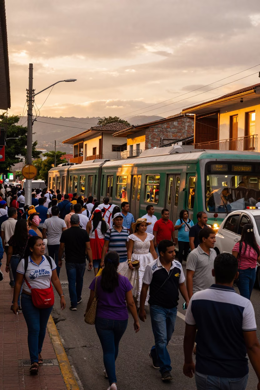 Busy Evening Street Scene in Medellin Colombia with Metro Train and Traditional Wedding Procession in in Medellin, Colombia