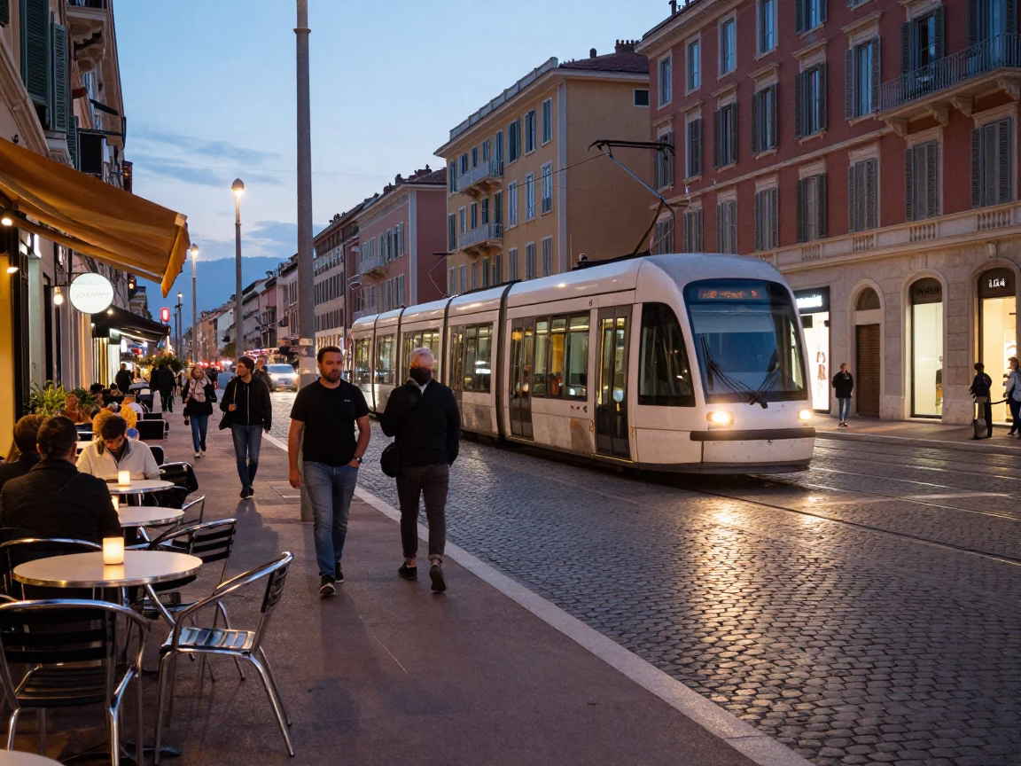 Busy Evening Street Scene in Nice France with Tram and Cobblestones in in Nice, France