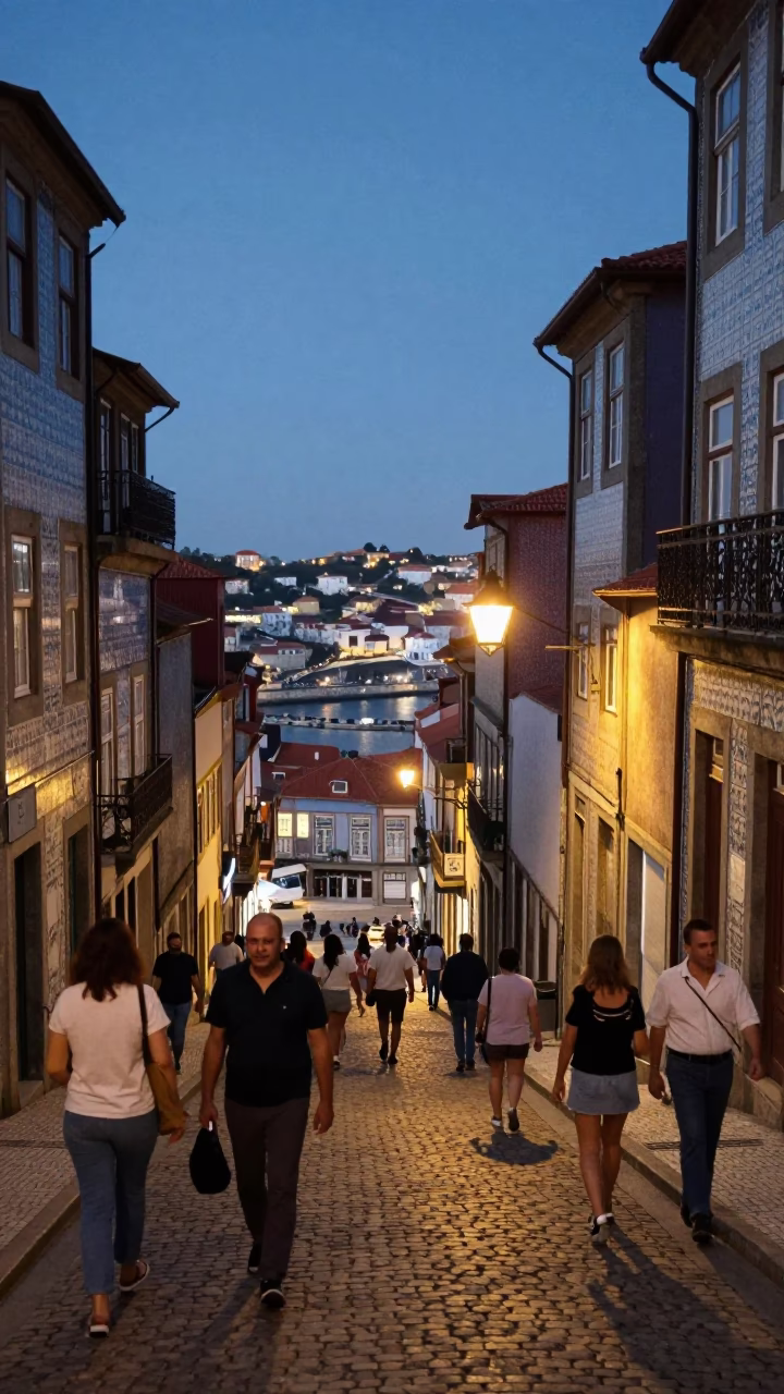 Busy Evening Street Scene in Porto Portugal with Blue Hour Sky and Harbor Breakwater in in Porto, Portugal