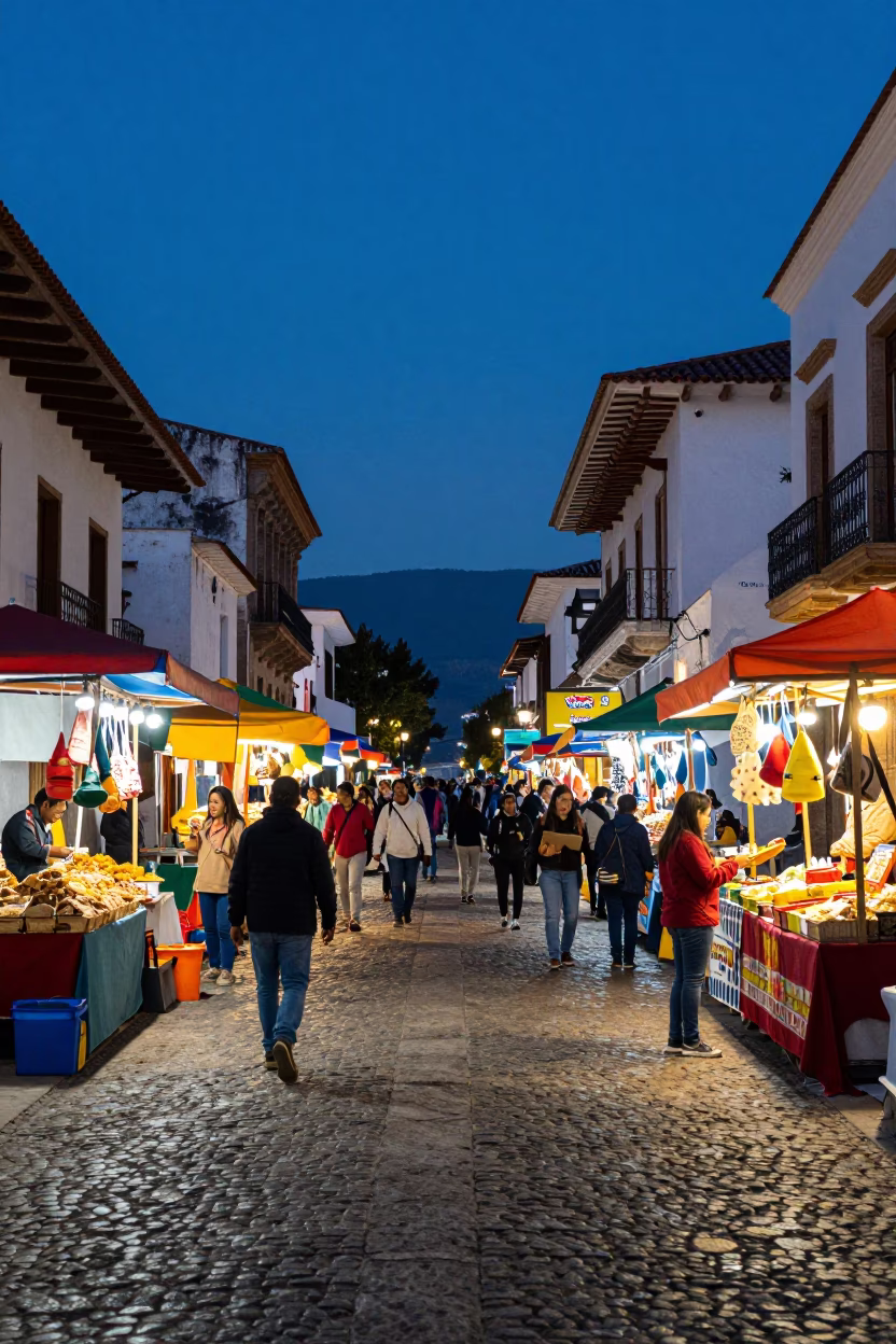 Busy Evening Street Scene in Quito Ecuador with Colorful Market Stalls and Local Pedestrians in in Quito, Ecuador