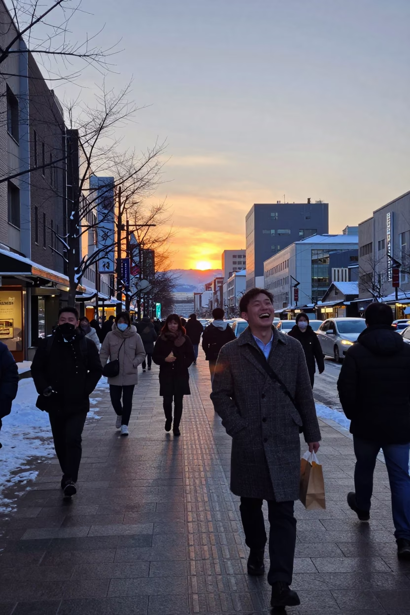 Busy Evening Street Scene in Sapporo Japan with Pedestrians and Snow in in Sapporo, Japan