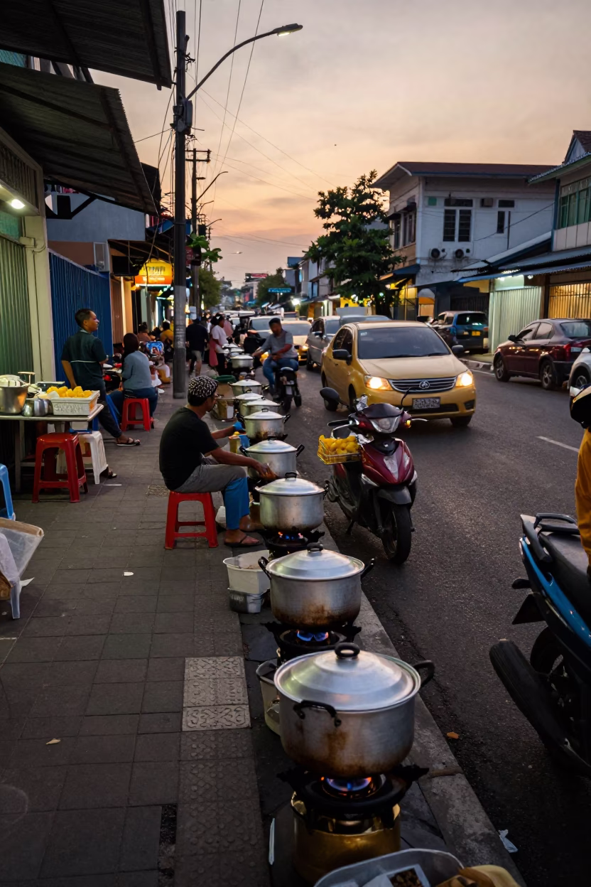 Busy Evening Street Scene in Surabaya Indonesia with Cooking Pots and Local Activity in in Surabaya, Indonesia