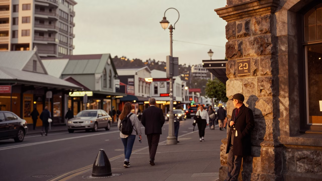 Busy Evening Street Scene in Wellington New Zealand with Honeyed Light and Local Details in in Wellington, New Zealand