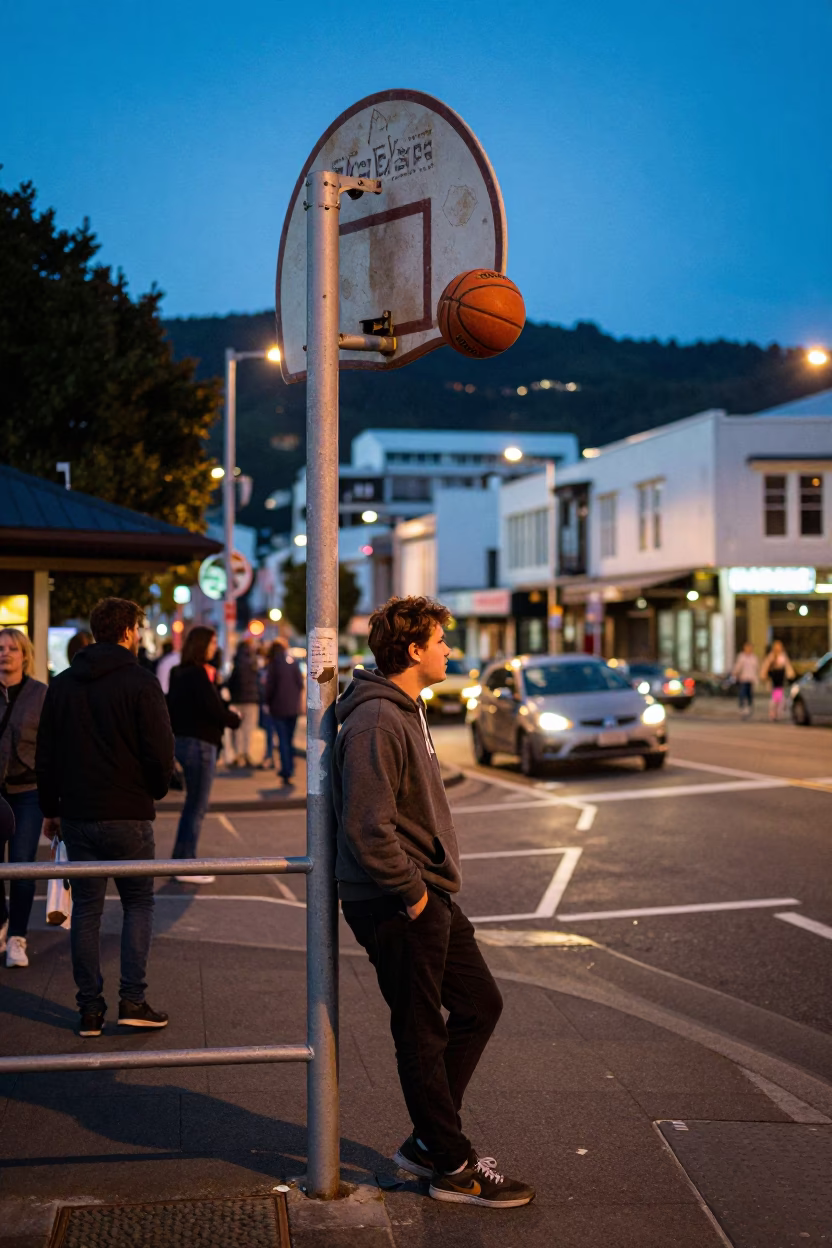 Busy Evening Street Scene in Wellington New Zealand with Vintage Basketball and Water Rings in in Wellington, New Zealand