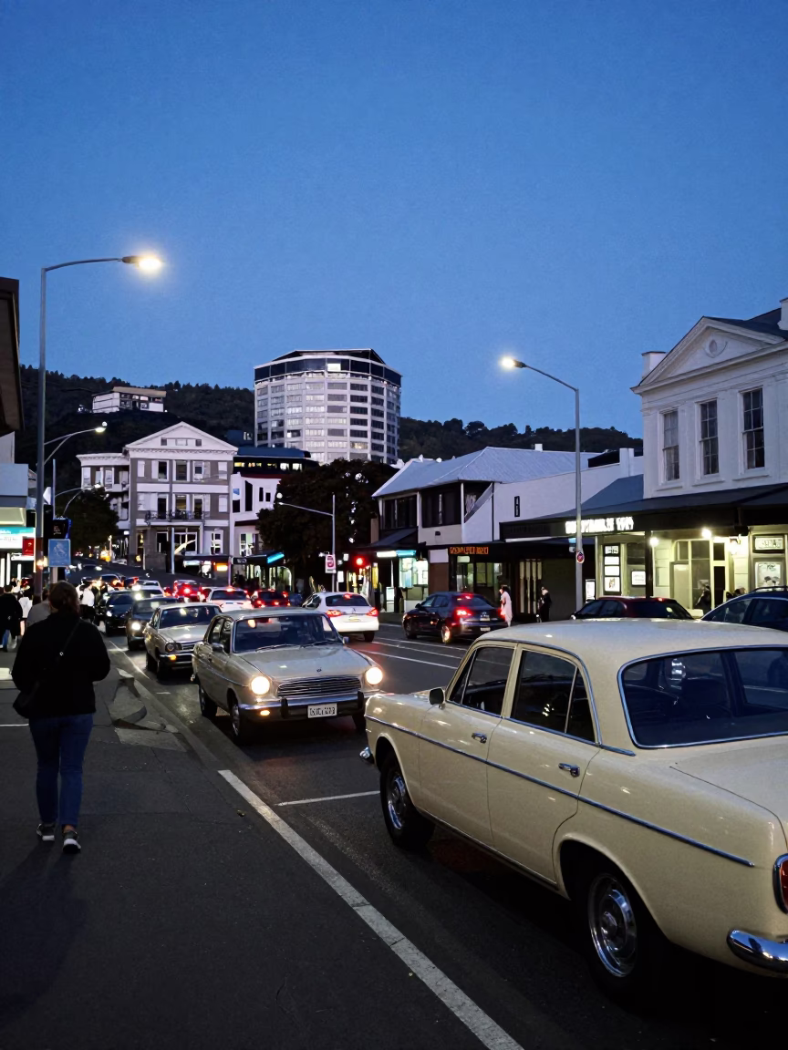 Busy Evening Street Scene in Wellington New Zealand with Vintage Cars and Pedestrians in in Wellington, New Zealand