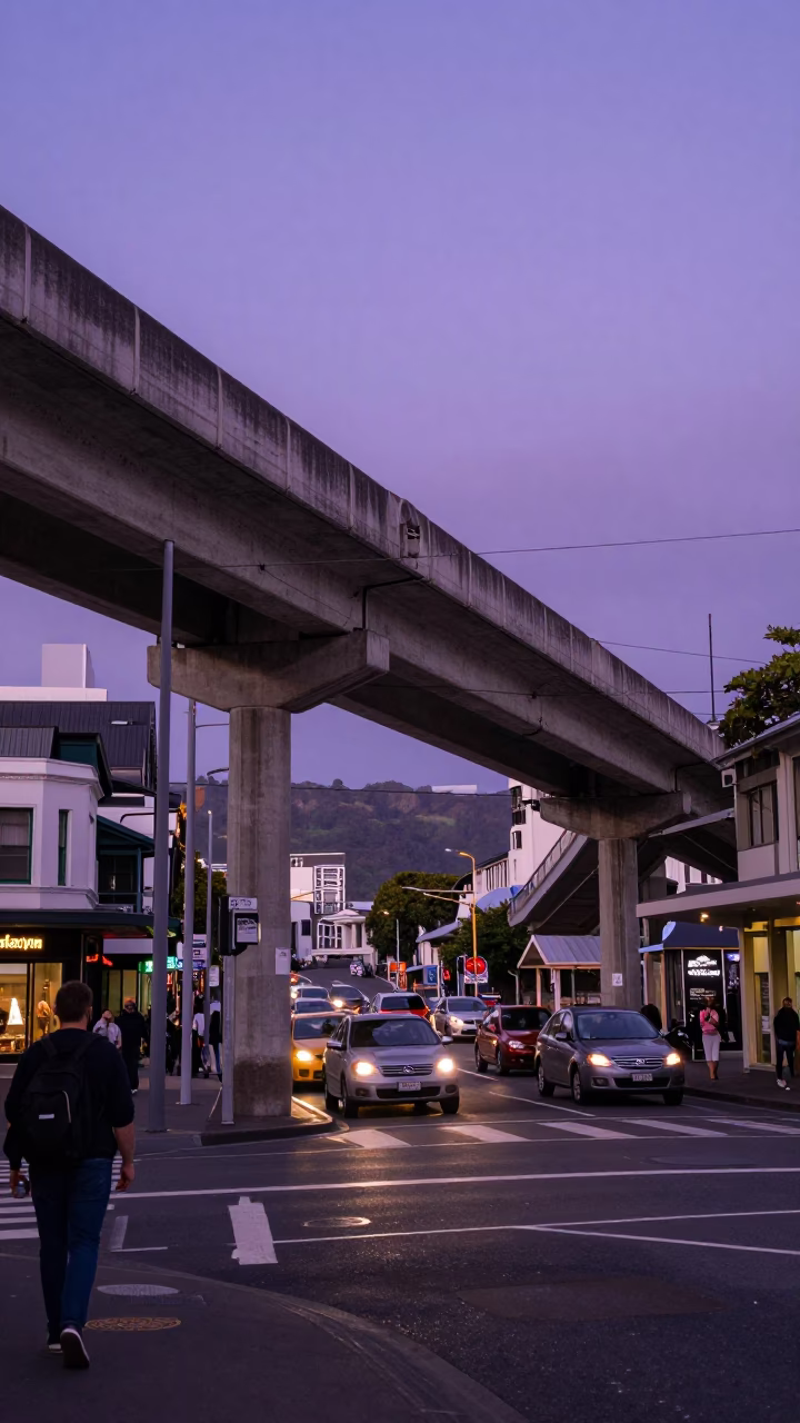 Busy Evening Street Scene in Wellington New Zealand with Violet Sky and Urban Architecture in in Wellington, New Zealand